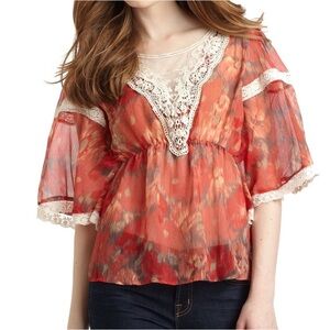 Free People Red Sheer Lace Blouse